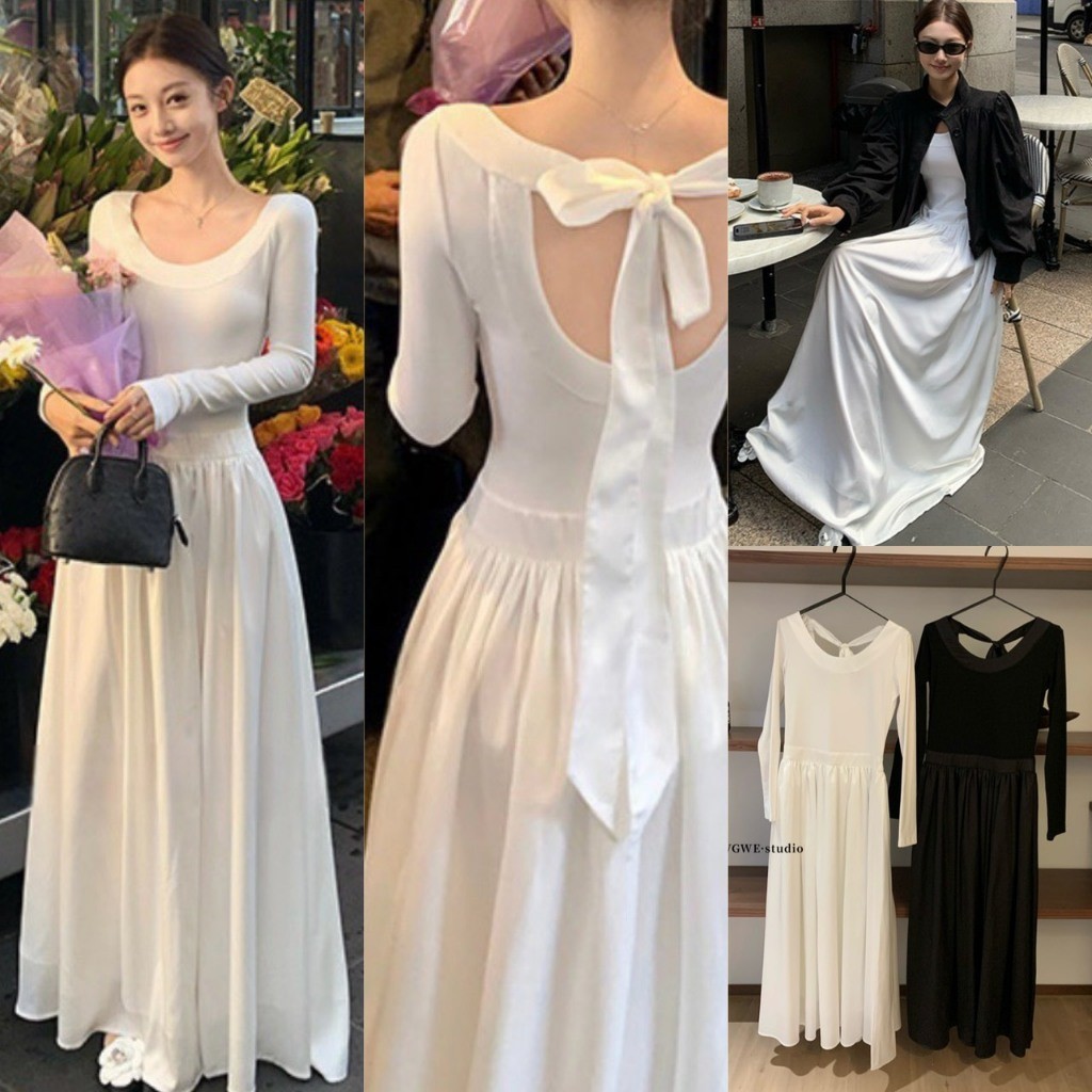 ❤ 🧵 🇰🇷 W7133 เดรสยาวคอกลม แขนยาว เว้าช่วงหลัง มีซับในอย่างดีค่า งานสวยค่า แฟชั่นเกาหลี TAG WG.WE 🧵🧡