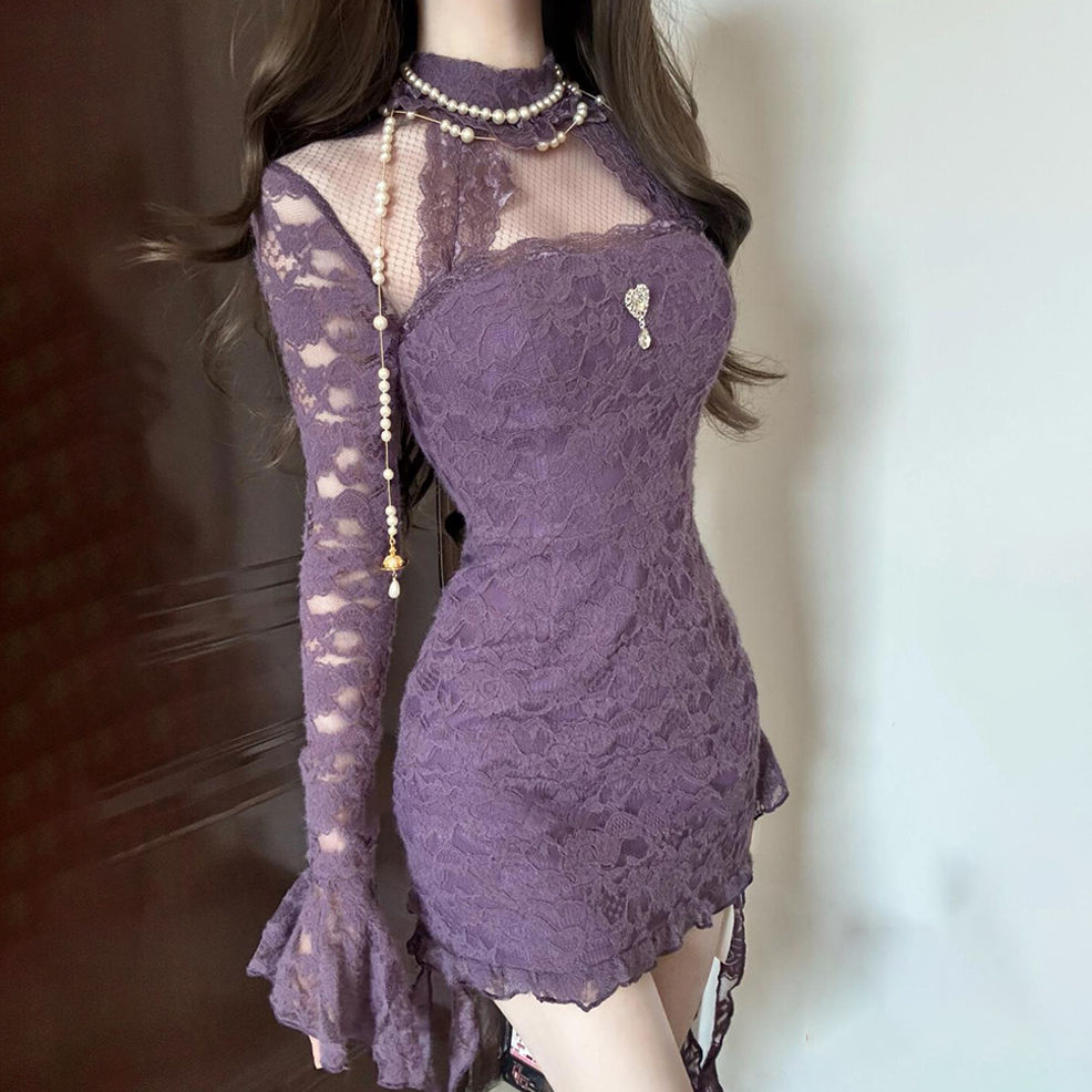 ชุดเดรสสั้นลายลูกไม้ย้อนยุคฝรั่งเศส สีม่วง สไลม์ฟิต เหมาะสำหรับใส่ลำลองในฤดูร้อน