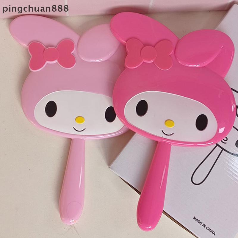 Pingchuan888 การ์ตูน Sanrio Hello Kitty กระจกแต่งหน้ามือถือ Kawaii Kt Cat Handle Make Up Mirrors สาว