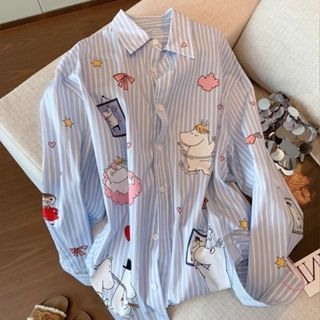 สีฟ้าการ์ตูนพิมพ์ลายเสื้อโปโลผู้หญิงฤดูใบไม้ร่วงรูปแบบใหม่ออ…