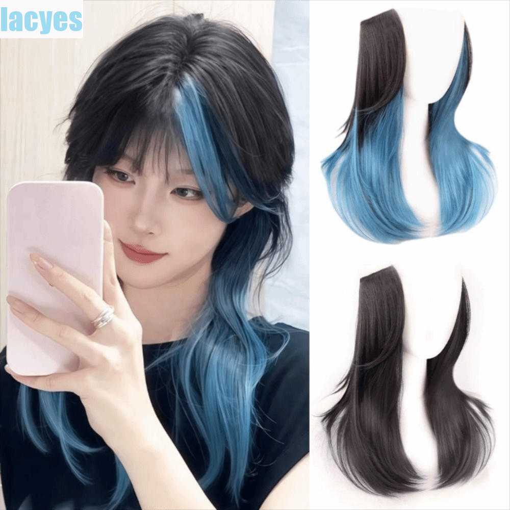 LACYES Mullet Head Wig, Simulated Slightly Curled Highlight Blue Hairpiece, Fashion One-piece Natura