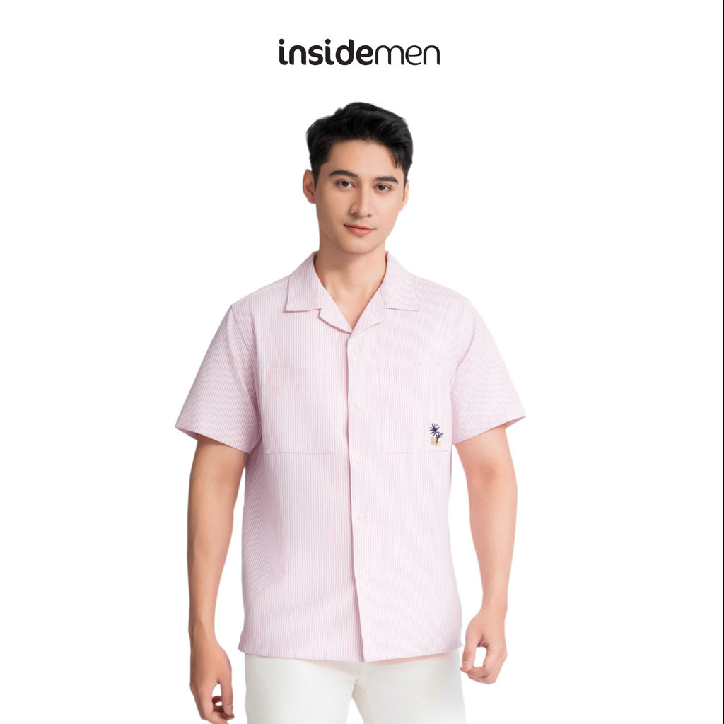INSIDEMEN เสื้อเชิ้ตแขนสั้นผู้ชายลายสก๊อตผ้าฝ้ายผ่อนคลาย ISS104AZ