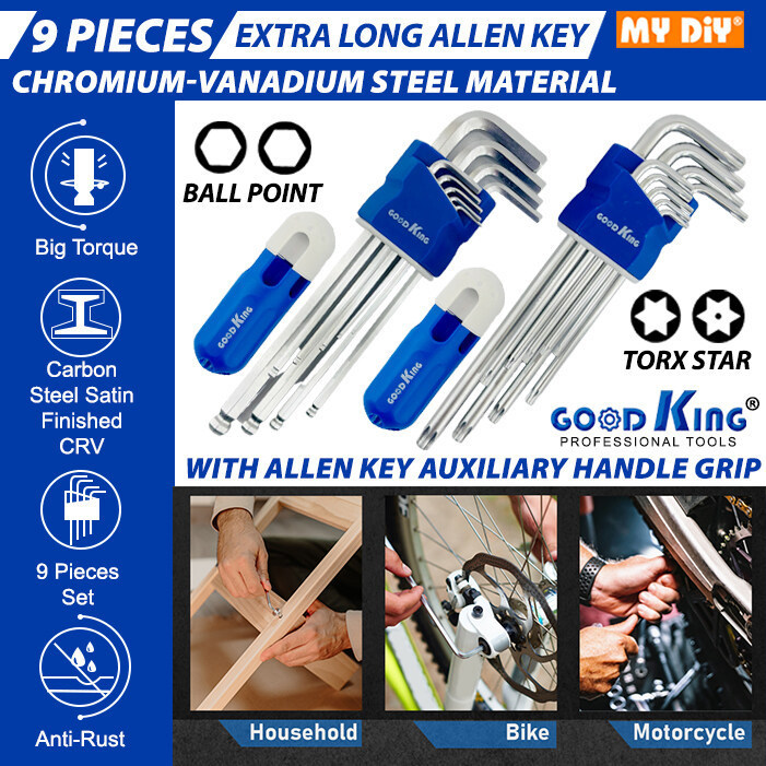 GOOD KING 9 ชิ้น Allen ชุดกุญแจ Allen Key Ball Point Allen key Torx Star Allen Key CR-V Kunci Allen 
