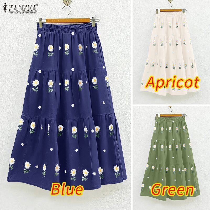 ZANZEA กระโปรงลายดอกไม้ สไตล์เรโทร พิมพ์ pleats สำหรับผู้หญิง ขนาดเอวยางยืด — صورة 3