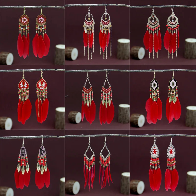 Red Feather Earrings Kolczyki Ethnic Long Tassel Earrings Bhemian Vintage Women's Fashionable Retro 