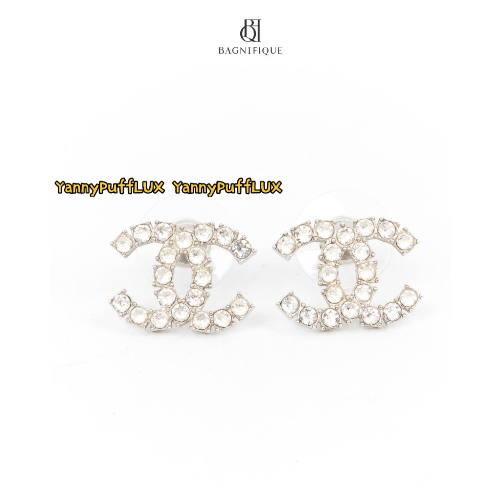 CHANEL EARRINGS CC LOGO 1.5 CM SILVER CRYSTAL  ต่างหู  เครื่องประดับหู