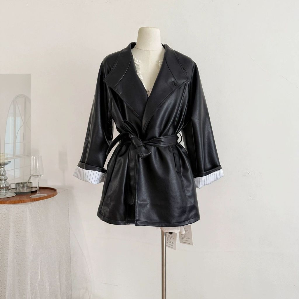 สไตล์เกาหลีสวมใส่ High-End Feeling PU หนังแจ็คเก็ตผู้หญิงแคบ-เอว Lace-Up ฤดูใบไม้ผลิฤดูใบไม้ร่วง All