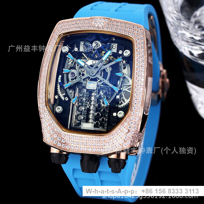 Jack Leopard Bugatti Full Diamond Watch Engine Sports Car Engine Skeleton Mechanical Mens Watch