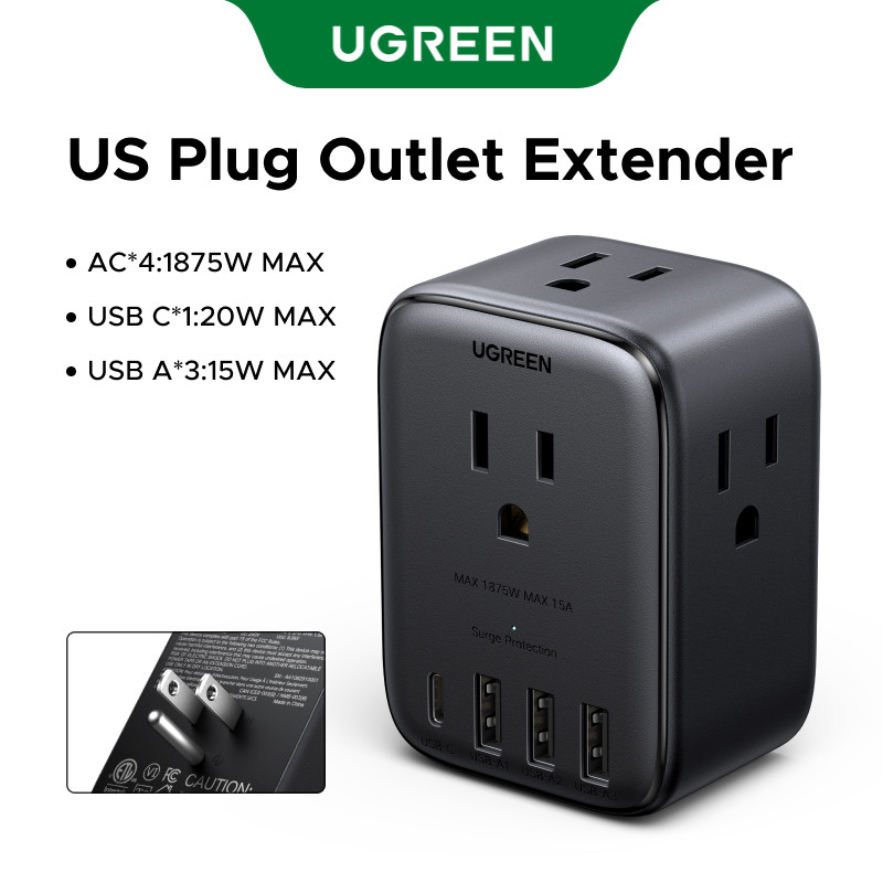 UGREEN US Socket Extender พร้อม 4 AC Outlets, 1 USB-C (20W) ดีไซน์สีดําขนาดกะทัดรัด