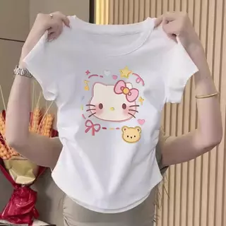 【กรุงเทพจัดส่งสินค้า】เสื้อยืดผู้หญิงคอกลมแขนสั้นสไตล์y2kพิมพ์ลายตัวอักษรแฟชั่นใหม่ฤดูร้อนครอปมีรอยยับด้านข้างทรงสลิมฟิตส