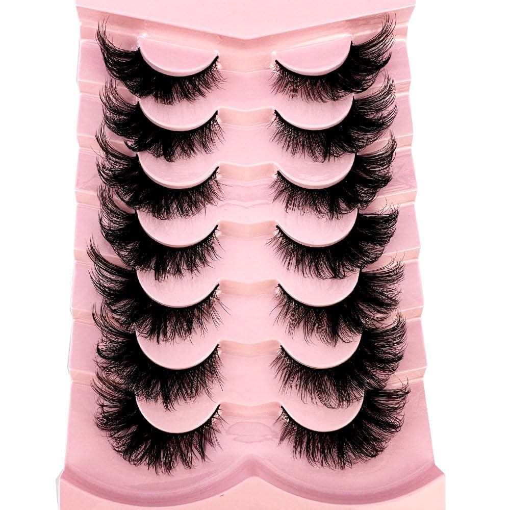 HBZGTLAD 3d Fluffy Mink Lashes ขนตาหนายาว Faux Mink Eyelashes ติดทนนาน Dramatic Cat Eye Lashes 5D Vo