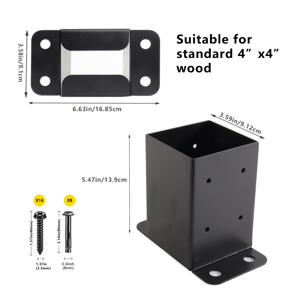 Heavy Duty รั้วไม้ Pergola Pavilion คอลัมน์ฐานชุด 4x4 สีดํา Gallery กรอบคอลัมน์ Anchor ฐาน Brack