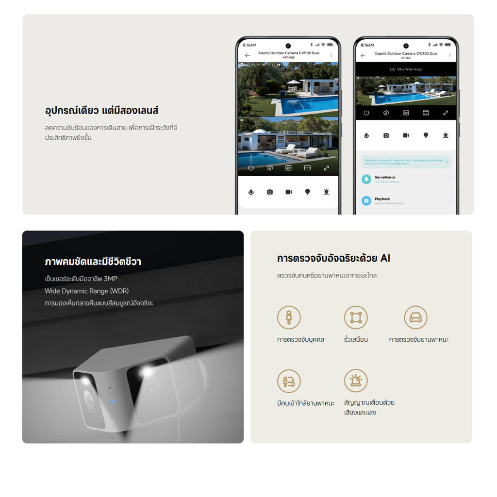 XIAOMI SMART CAMERA กล้องวงจรปิดภายนอก CW100 / CW400 / CW300 / AW300 / CW500 กันน้ำ กันฝุ่น AI ตรวจจับ รับประกัน 1 ปี - รูปที่ 2