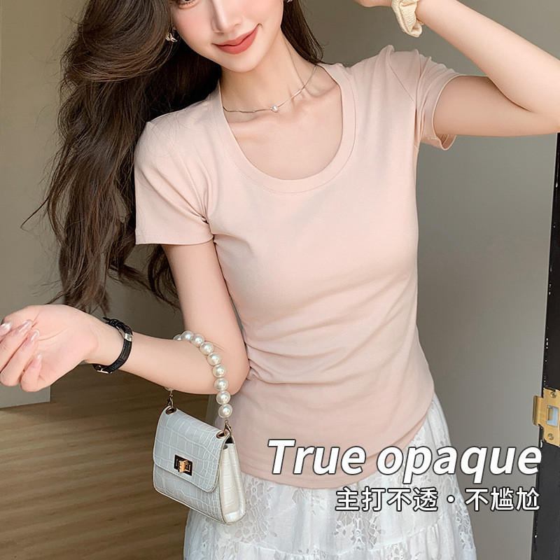 H673 Pure Cotton u-คอแขนสั้นผู้หญิงบางSlim-fit SlimmerดูAll-Matchสีทึบ❈Z10.30