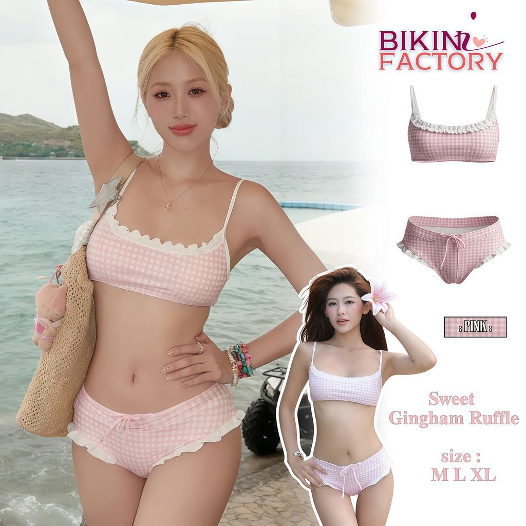 BIKINI FACTORY ชุดว่ายน้ำลายสก็อต ชมพู บิกินี่ผู้หญิง แต่งระบายหวาน  🌷 มีไซส์ M-XL |น้ำหนัก 40-65 กก. พร้อมส่ง Y075