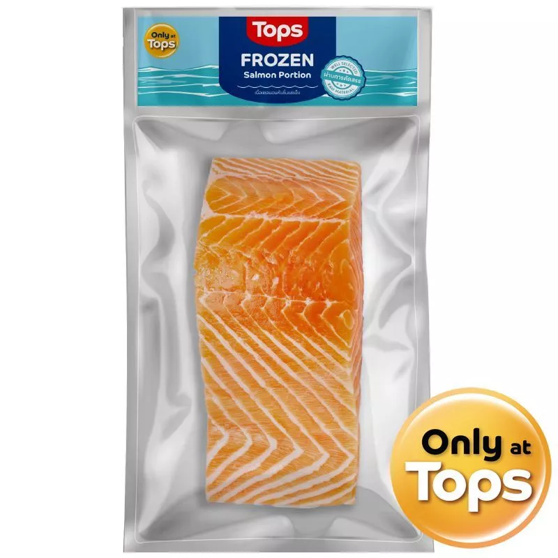 ท็อปส์เนื้อแซลมอนหั่นชิ้นแช่แข็ง 100กรัม Tops Frozen Salmon Portion 100g. [หมายเลขบาร์โค้ด 8853474080373 ]