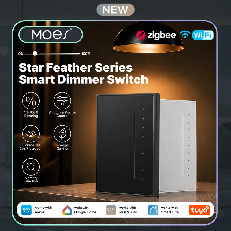 MOES Tuya WiFi/Zigbee Star Feather Series สมาร์ทสวิตช์ไฟหรี่ปรับความสว่างได้ APP รีโมทคอนโทรลเสียง, 