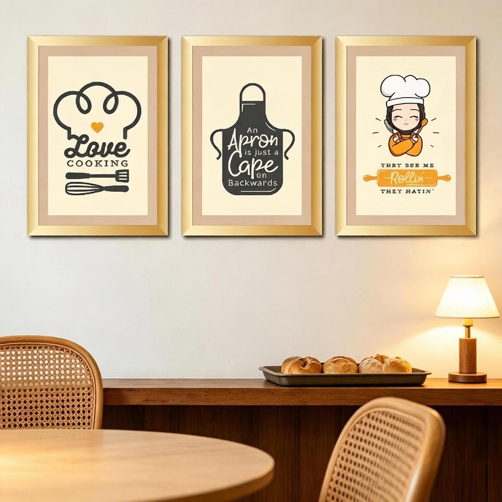 ชุดภาพครัว 3 ชิ้น คำคม cooking โทนครีมเหลือง มินิมอล ไม่ต้องเจาะผนัง