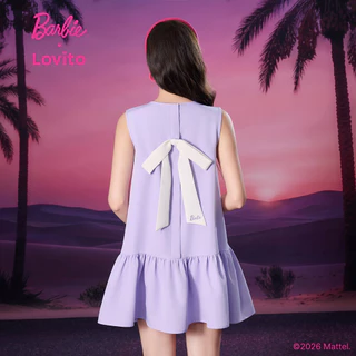 (New Arrival) Barbie™ X Lovito ชุดเดรสสีม่วงสั้นผู้หญิง ฤดูใบไม้ผลิ/ร้อน ทรงเอ สีตัดกัน โบว์หลังและปักลาย เกาหลี อินเทรนด์ LBL5AD048