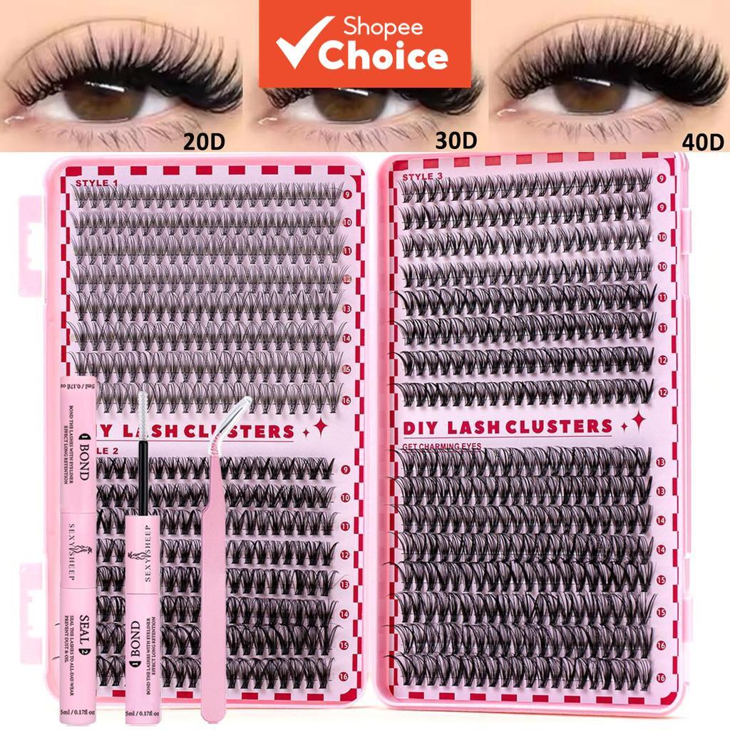 DIY Lash Clusters Kit: นามสกุลนุ่มปริมาณธรรมชาติ  รวมกาว, Bond & Seal, และ Tweezer สําหรับใช้ในบ้าน