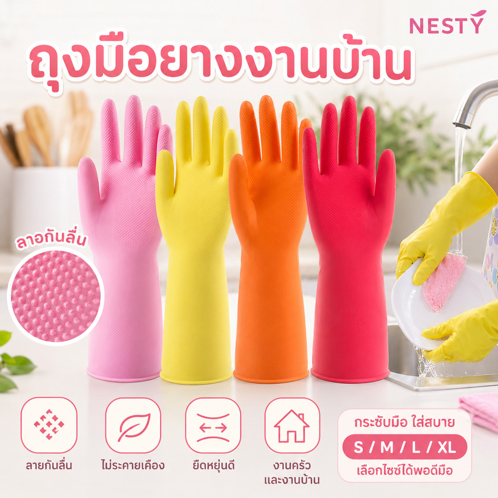 NESTY ถุงมือยางงานบ้าน ถุงมือทำความสะอาด ล้างจาน ลายกันลื่น ใส่สบาย ยืดหยุ่น งานครัว