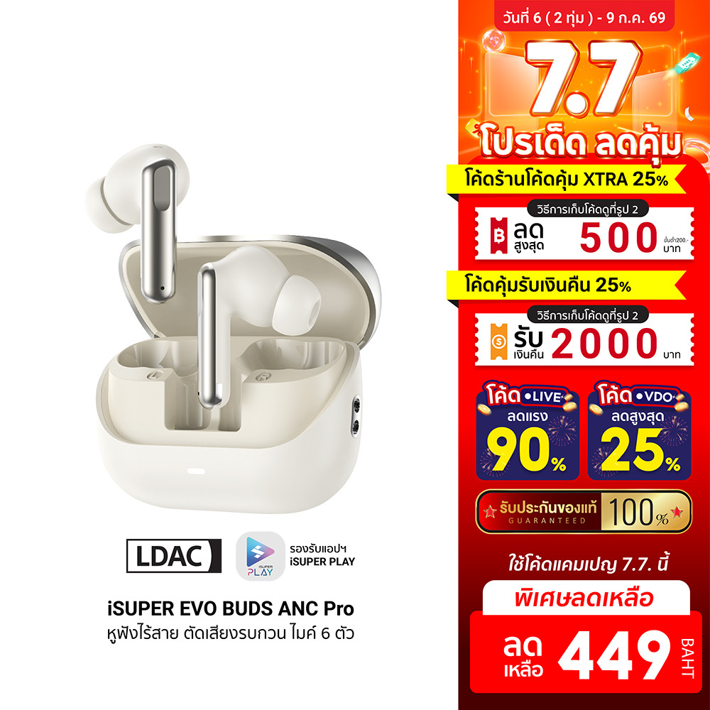 [ลดเหลือ 449] iSUPER Evo Buds ANC Pro หูฟังไร้สาย LDAC ตัดเสียงรบกวน ANC -45dB Bluetooth 5.4 มี Game Mode -1Y