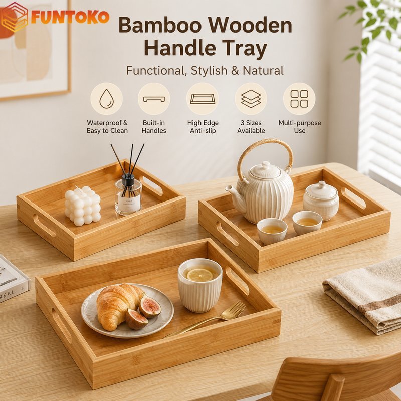 สินค้ามีคุณภาพ ถาดชาไม้ไผ่ ถาดเสิร์ฟสี่เหลี่ยม สไตล์ญี่ปุ่น กันชื้นกันน้ำ พร้อมที่จับ