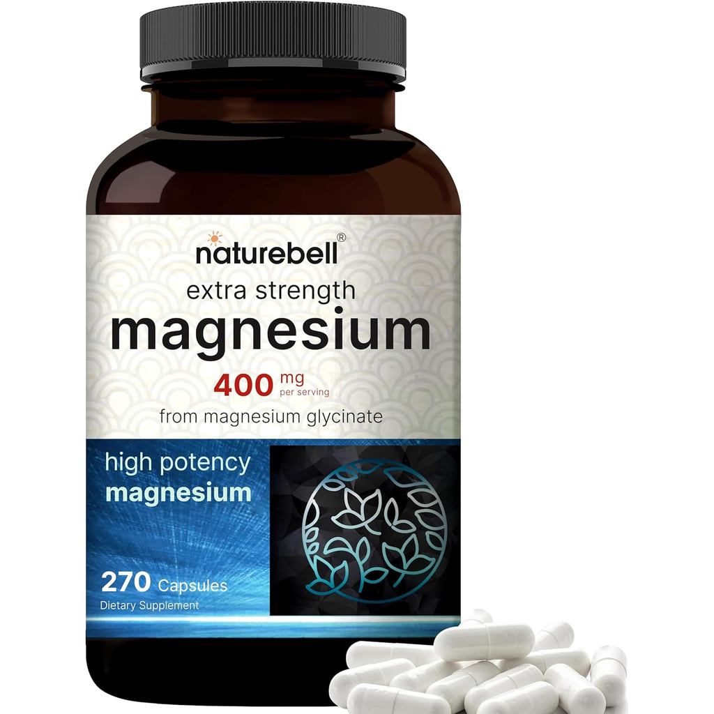 NatureBell Magnesium Glycinate 400mg Elemental, 270 แคปซูล | เชเลท 100% สําหรับการดูดซึมสูง | รองรับสุขภาพกล้ามเนื้อ กระดูก & หัวใจ | ที่ไม่ใช่จีเอ็มโอปราศจากกลูเตนมังสวิรัติ