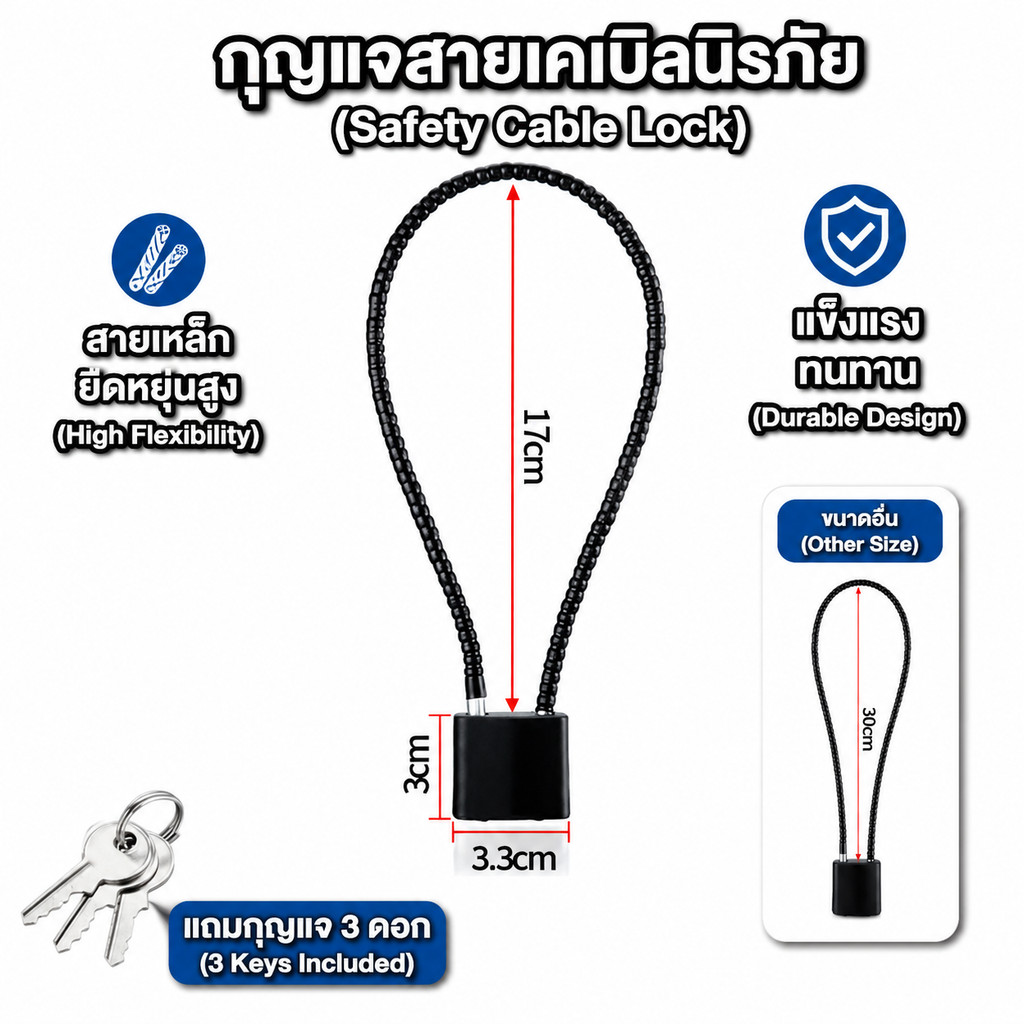 กุญแจคล้องสายเหล็กสีดำ ขนาด 20cm 38cm มีกุญแจ 3 ดอก กันน้ำกันสนิม ป้องกันขโมย สำหรับกระเป๋าเดินทาง ตู้เฟอร์นิเจอร์