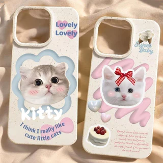 เคสไอโฟน11 For iPhone 15 13 12 16 17 14 11 PRO MAX เคส ปลอกสีขาวเป็นมิตรต่อสิ่งแวดล้อม ลูกแมวเค้กสีฟ้าสีชมพูแห่งความรัก