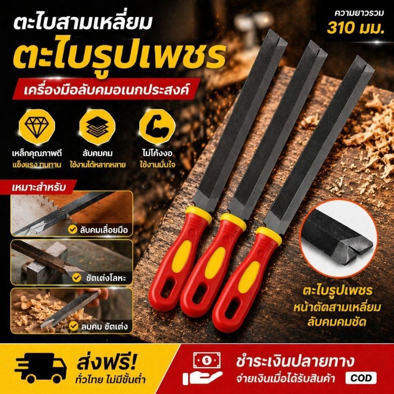 COD ตะไบสามเหลี่ยม 15/20CM สองขนาด 3PCS วัสดุเหล็กกล้าคาร์บอนสูง คมคม ตะไบลับคมเลื่อยมือ