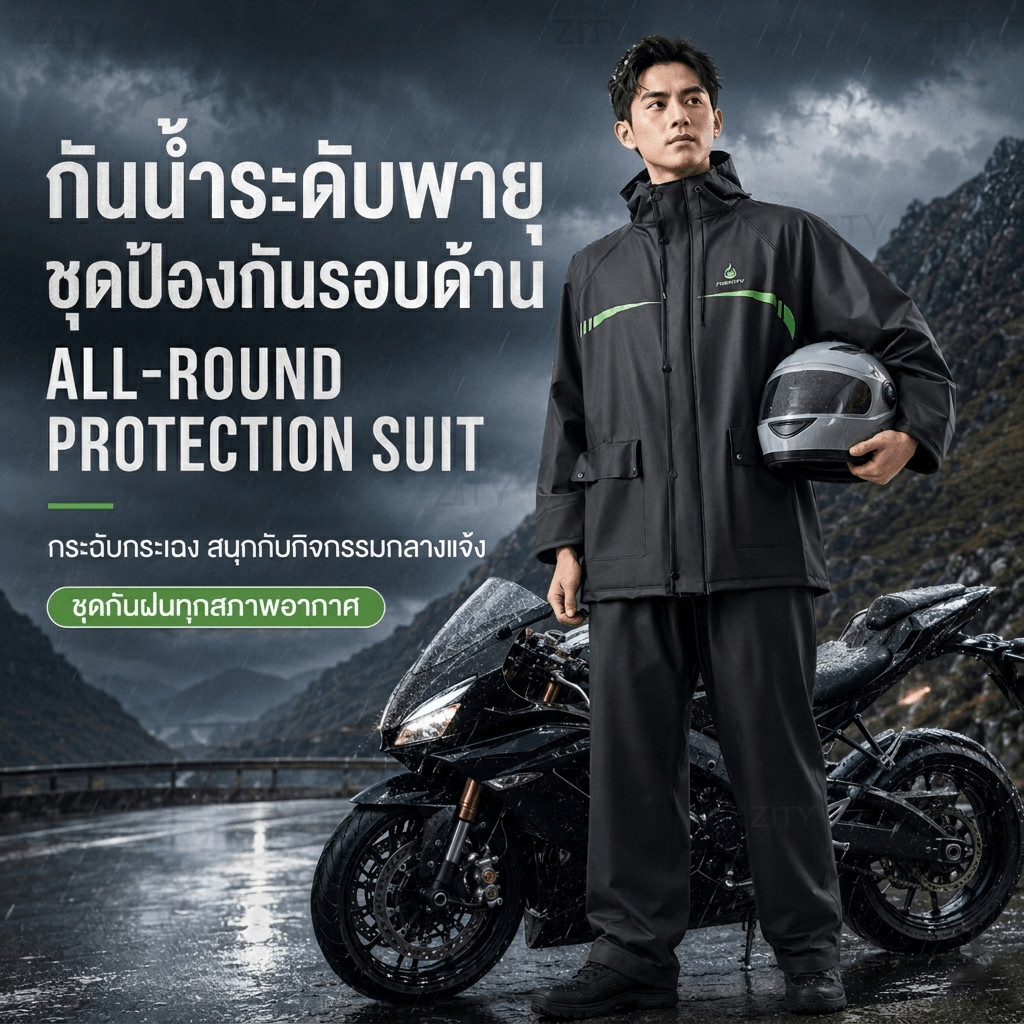 ZITY ชุดกันฝนยูนิเซ็กซ์ ผ้าเคลือบกันน้ำ ทนทาน รูปที่ 2