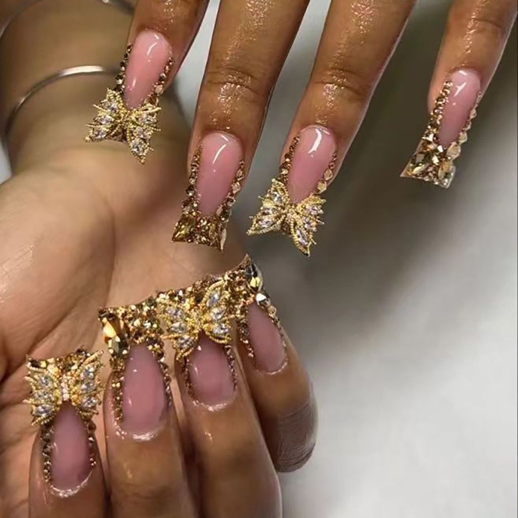 ยอดนิยม French Edge Duckbill Shape Wear Nails Golden Diamond Butterfly Nails Patch เล็บปลอม เล็บปลอม