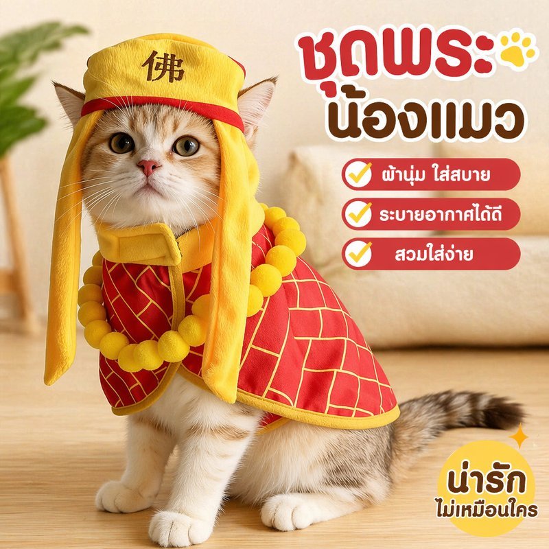 ชุดเสื้อผ้าสุนัขแมว ชุดจีนคอสเพลย์สัตว์เลี้ยง หมวกสามมิติ สร้อยลูกปัด ปรับได้ ตีนตุ๊กแก ใส่สบาย