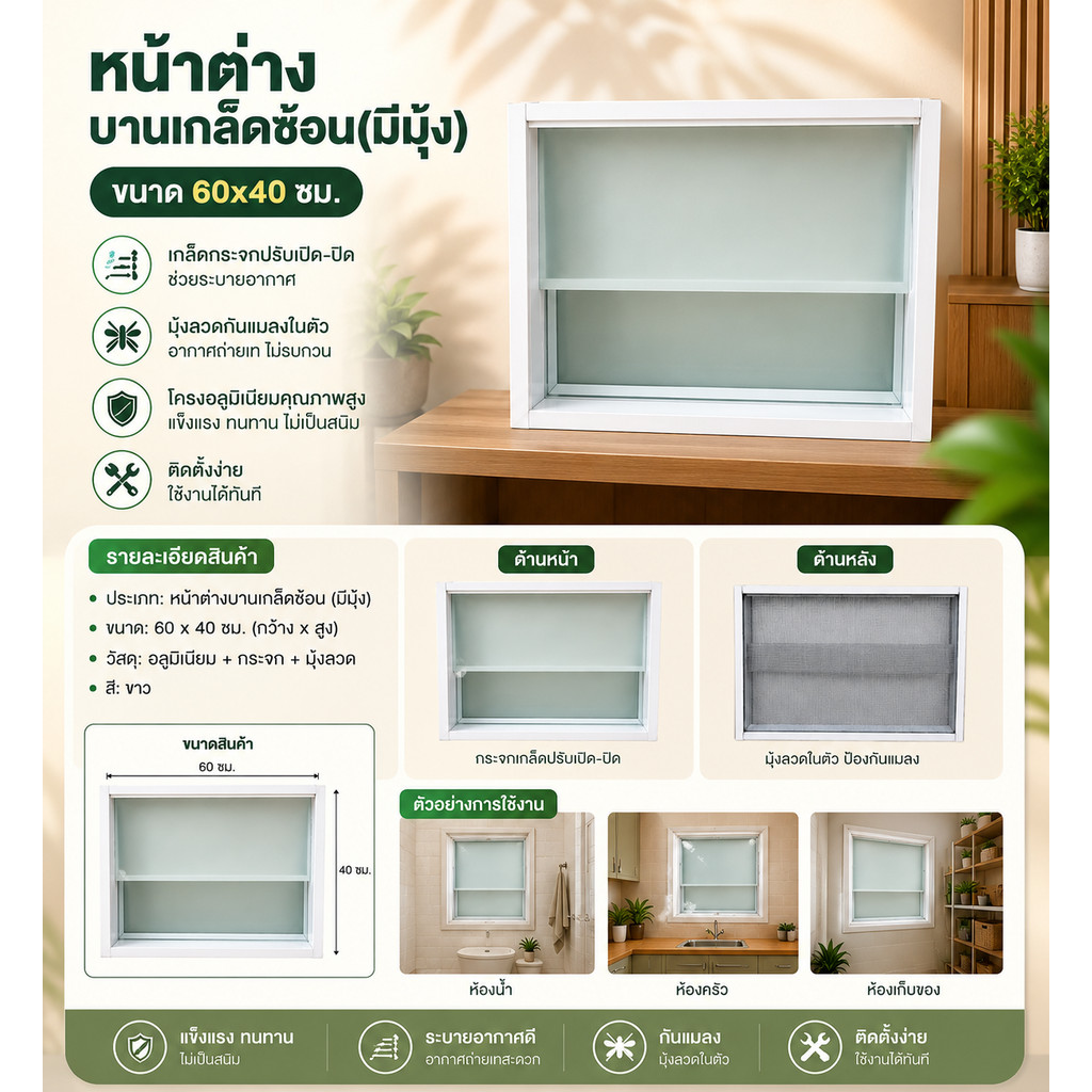 หน้าต่างบานเกล็ดซ้อน ขนาด 60x40 ซม. หน้าต่างระบายอากาศสำเร็จรูป (มีมุ้ง) พร้อมส่ง