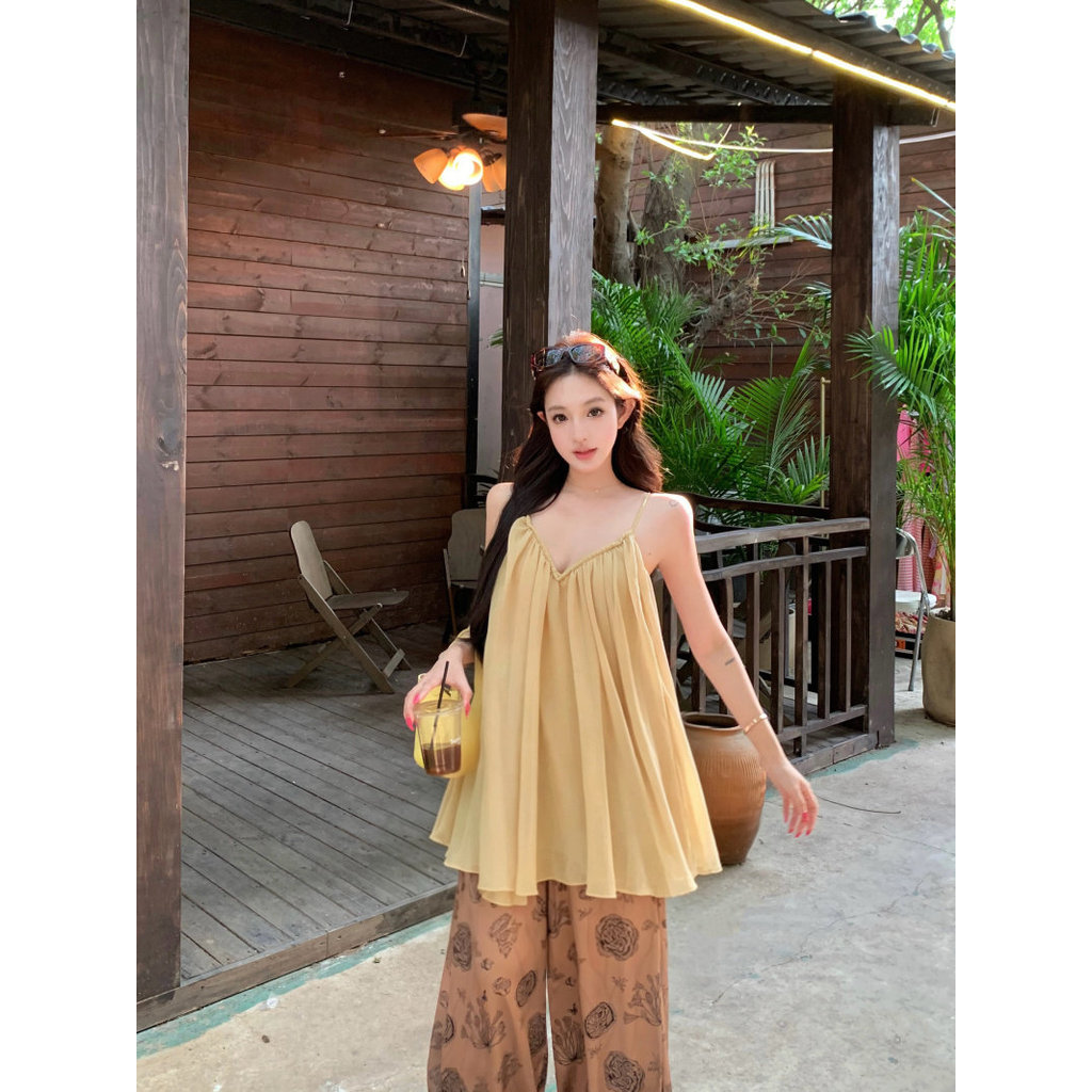 สีเหลือง Ruffled จีบ v คอ Camisole ผู้หญิงฤดูร้อนบรรยากาศหลวม Slimmer ดูสวมใส่ด้านนอก Niche Top ถักด