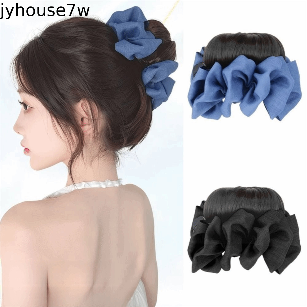 JYHOUSE มวยผมสังเคราะห์, Scrunchy ผมชิ้นสีฟ้าสีดําโบว์ Chignon, แฟชั่นธรรมชาติ Claw คลิปต่อหัวบอลวิกผมผู้หญิง