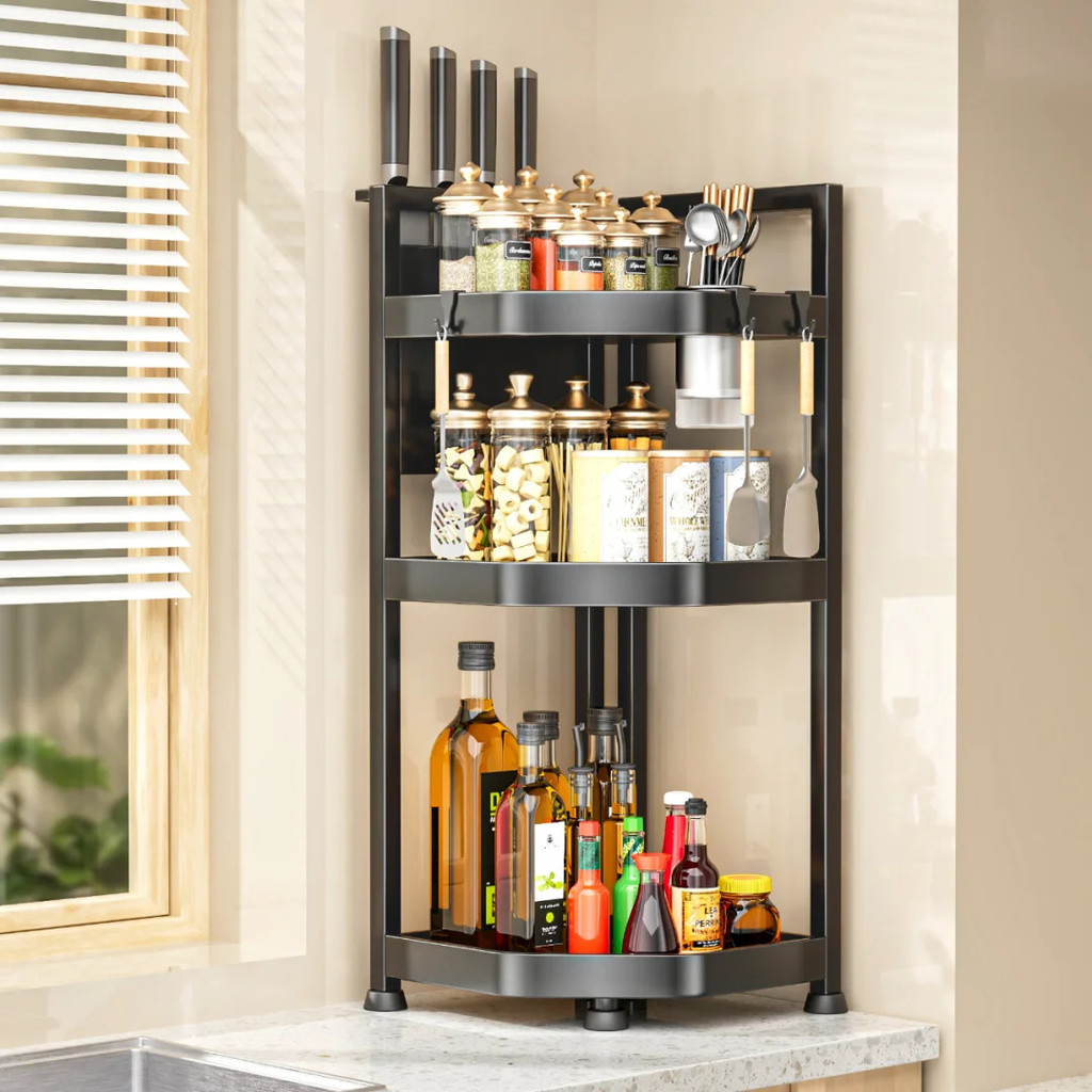 Kitchen shelf for countertop corner, multifunctional corner seasoning rack, carbon steel shelf, wall