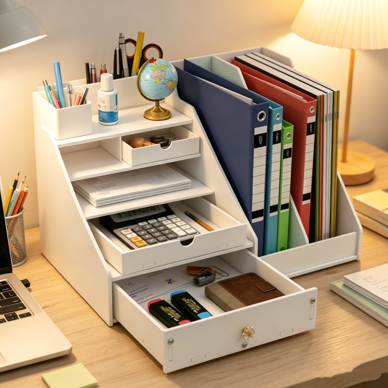 ชั้นวางเครื่องเขียนและเอกสาร ทำจากไม้ สไตล์DIY จัดโต๊ะทำงานเป็นระเบียบ