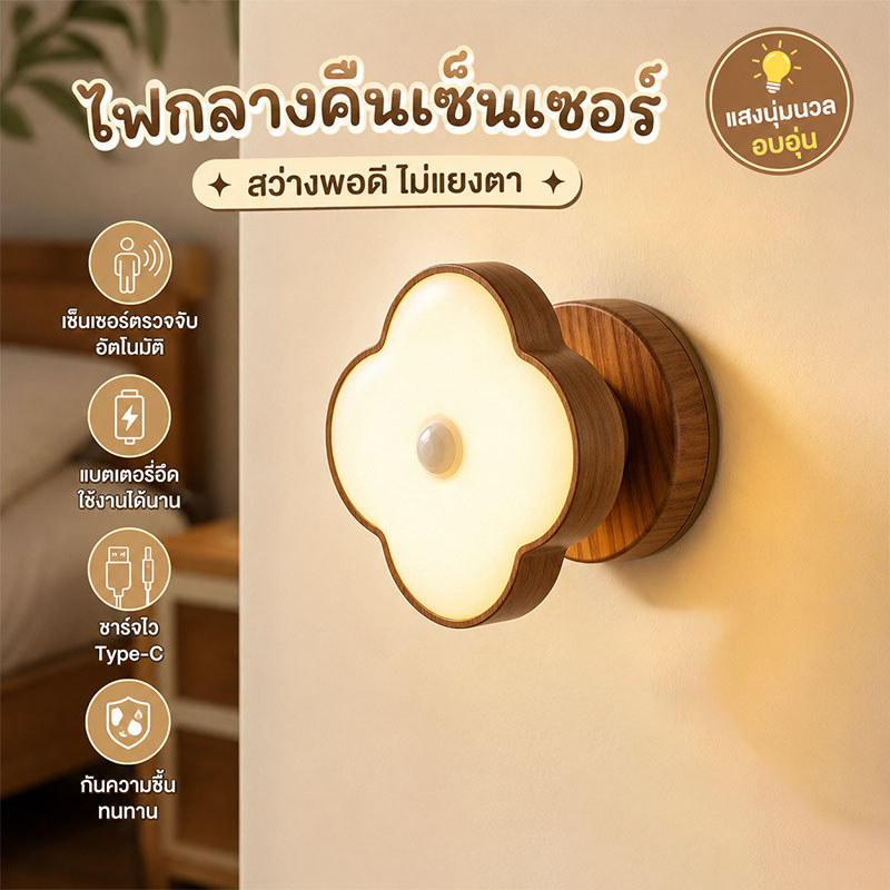 ไฟกลางคืนเซ็นเซอร์อัจฉริยะ ระยะตรวจจับ 5 เมตร ชาร์จ Type-C ติดตั้งด้วยตัวดูด ไม่ต้องเจาะ เปิด-ปิดอัตโนมัติ