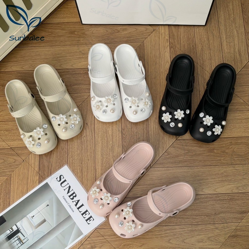 SUNBALEE BUNNY รองเท้าส้นแบน แบบสวมผู้หญิง พร้อมตัวติดน่ารัก ใส่สบาย กันลื่น น้ำหนักเบา แฟชั่นเกาหลี