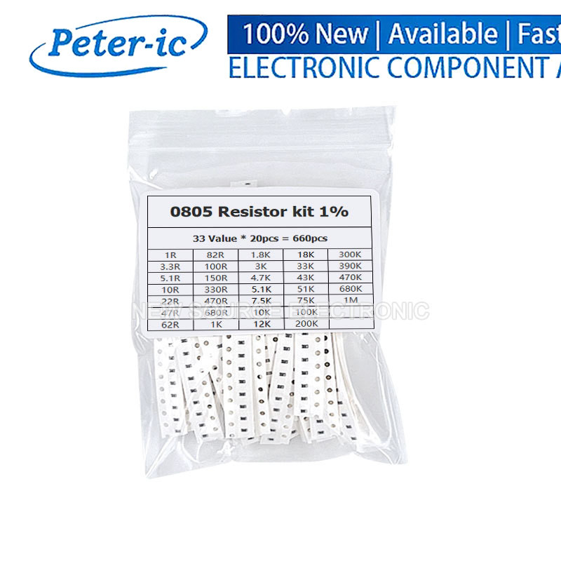660PCS 0805 SMD Resistor Assorted Kit 33ValesX 20PCS 1ROhm~1M 1% 3.3 4.710 22 47 100 470 KR Ohm