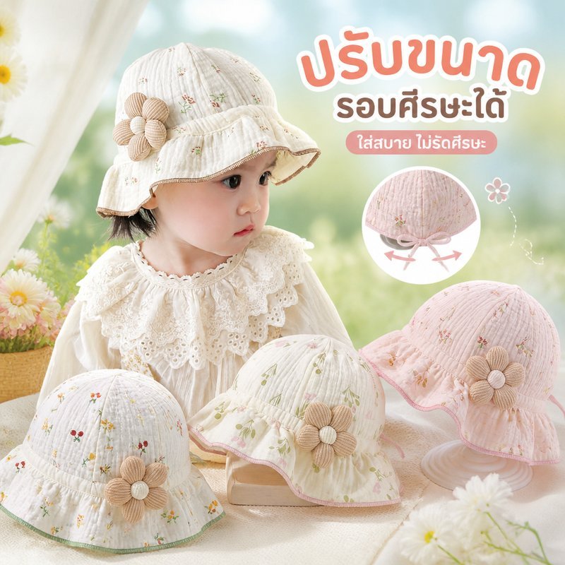 หมวกกันแดดเด็ก หมวกเด็ก ปรับได้ มีสายรัดคาง ผ้าฝ้ายระบายอากาศ ลายหมี ดอกไม้ เชอร์รี่