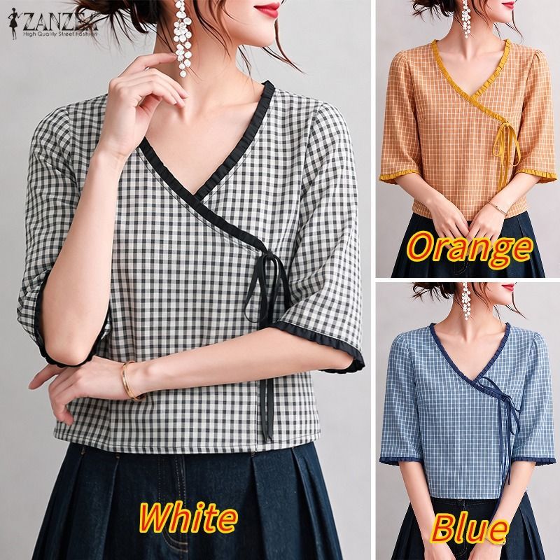 ZANZEA ผู้หญิงเกาหลีวินเทจ V คอกลางแขนด้านข้าง Tie-Up Contrast Edge Checkered เสื้อเบลาส์ — صورة 3
