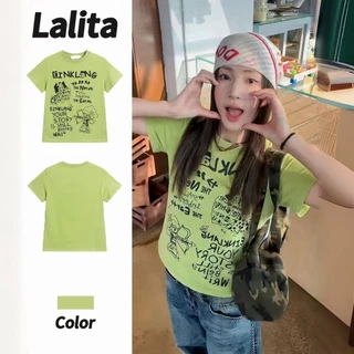 Lalita พร้อมส่งจากกทม🌸เสื้อยืดแขนสั้นสา พิมพ์ลา วหวานเกาหลี ยตัวอักษร หน้าร้อน 2025