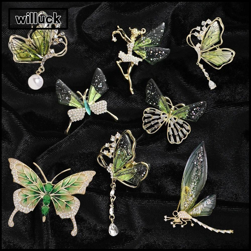 WILLUCK เข็มกลัด, หมุดป้ายรูปแมลงปอ/ผีเสื้อโลหะผสม, แฟชั่นเลียนแบบมุก Rhinestone ชุดคอปก Pins ของขวัญ