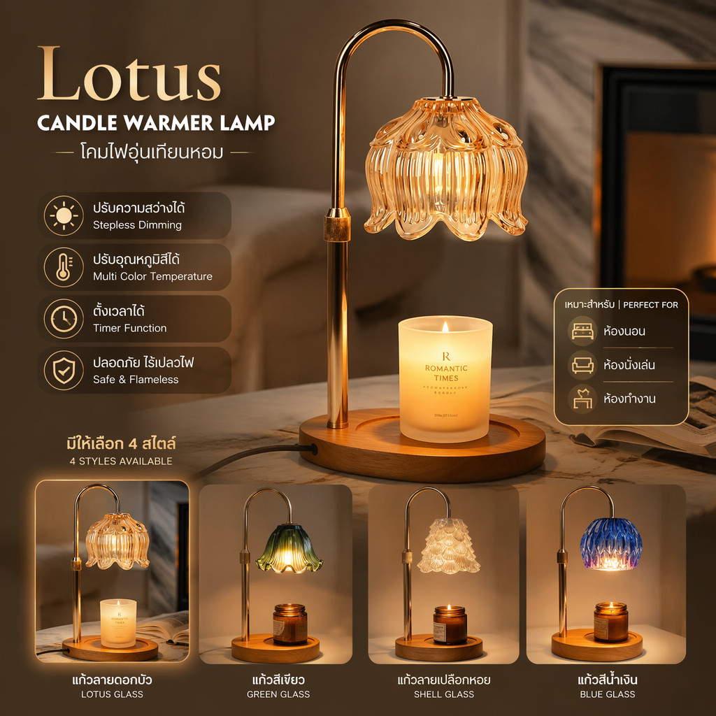 โคมไฟแว็กซ์หอม มีระบบตั้งเวลา น้ำหอมวินเทจ ไฟกลางคืน อุ่นแว็กซ์ละลายเทียน ของขวัญวันเกิด โคมไฟห้องนอน