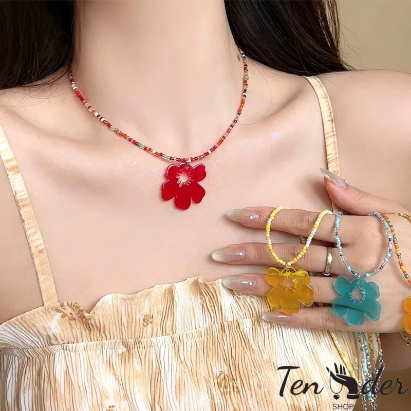COD-ส่งเร็วจากไทย🎀สร้อยคอ จี้ดอกไม้ โซ่ลูกปัด ดีไซน์สีตัดกัน y2k การออกแบบ Dopamine สำหรับผู้หญิง เลือกสีได้-Ten