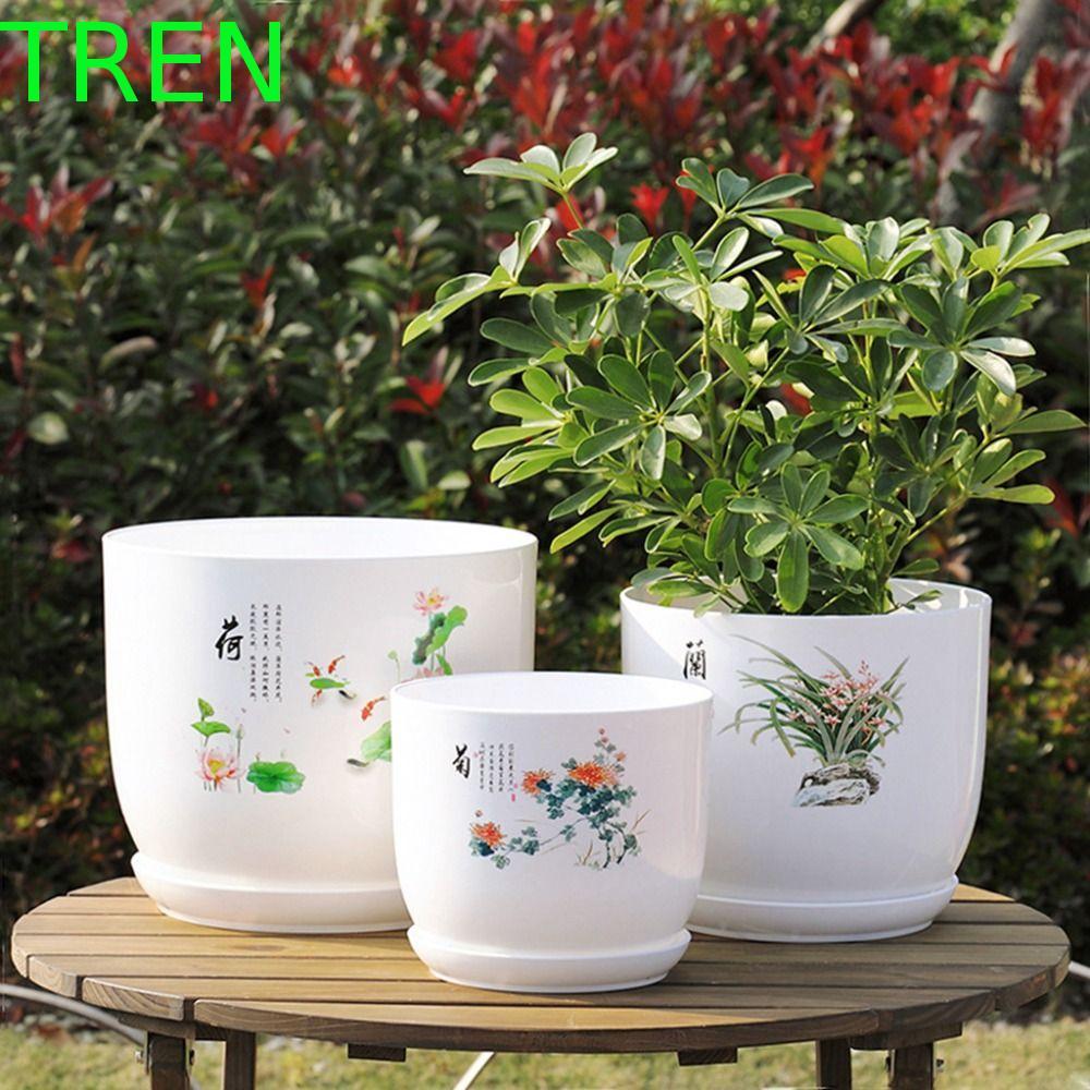 อีกครั้ง กระถางดอกไม้เรซิน หน้า พร้อมถาดกระถางดอกไม้พลาสติกสีขาว, Succulent Planter หม้อขนาดใหญ่พิเศษรอบระบายอากาศเลียนแบบพอร์ซเลนทําสวน