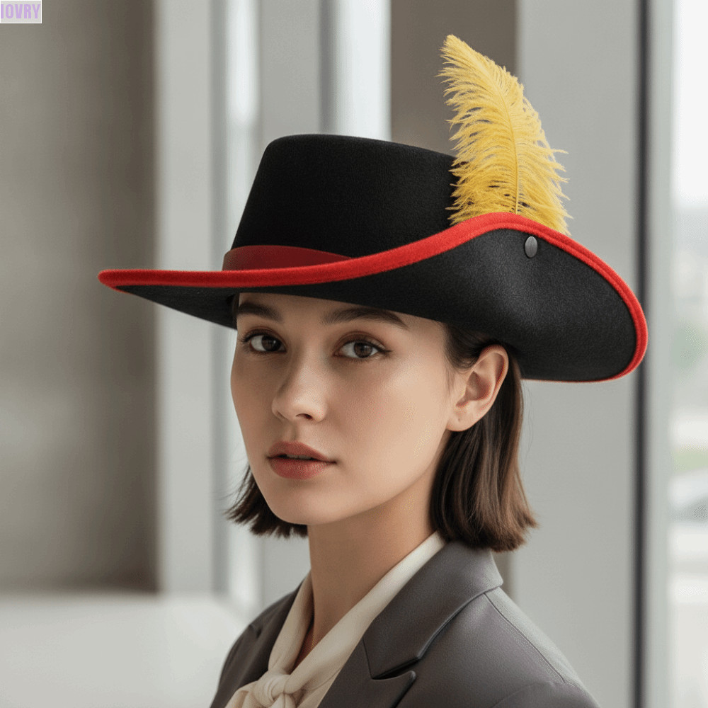 หมวกทรงสูง Cavalier IVORY, หมวกเวทีขนนกสักหลาดปีกกว้าง, หมวกสไตล์สเปนสไตล์ย้อนยุคแบนด้านบนน้ําหนักเบา Masquerade Headwear Party